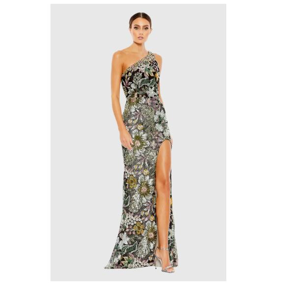 NWT Mac Duggal Floral Sequined Embroidered One Shoulder Trumpet Gown Size 2 - Picture 4 of 16